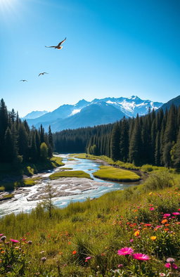 A breathtaking landscape featuring a lush green forest under a bright blue sky