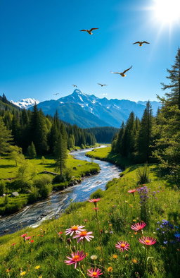 A breathtaking landscape featuring a lush green forest under a bright blue sky