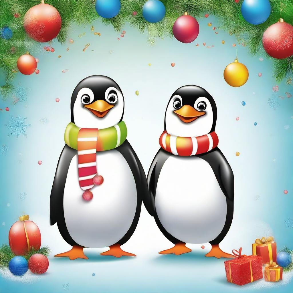 Two endearing penguins celebrating Christmas, with vibrant holiday decorations around and joyful expressions.