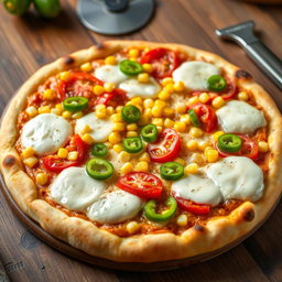 A delicious pizza topped with sweet corn, juicy ripe tomatoes, fresh green capsicum, and generously melted mozzarella cheese