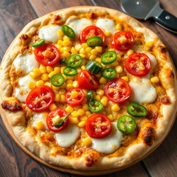 A delicious pizza topped with sweet corn, juicy ripe tomatoes, fresh green capsicum, and generously melted mozzarella cheese