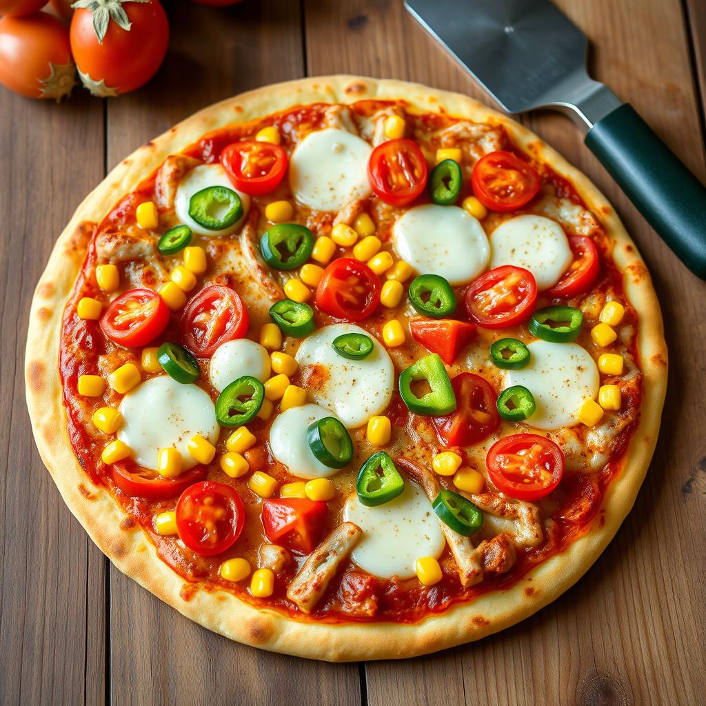 A delicious pizza topped with sweet corn, juicy ripe tomatoes, fresh green capsicum, and generously melted mozzarella cheese