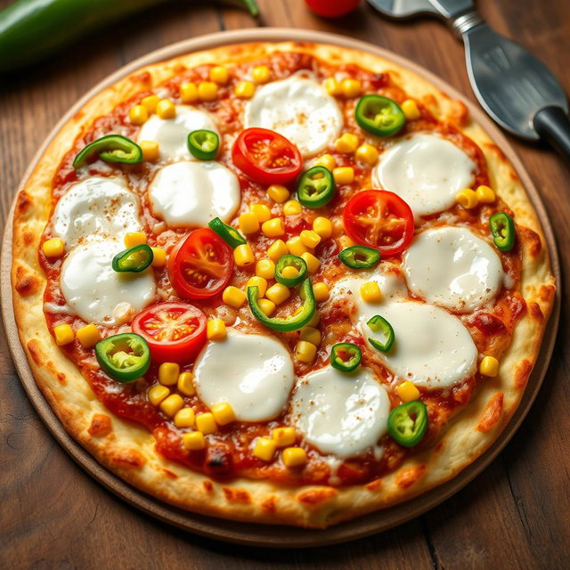 A delicious pizza topped with sweet corn, juicy ripe tomatoes, fresh green capsicum, and generously melted mozzarella cheese
