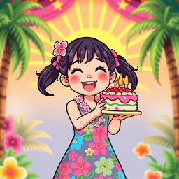An adorable retro pixel art representation of a young Asian girl joyfully holding a colorful cake