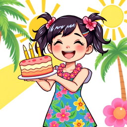 An adorable retro pixel art representation of a young Asian girl joyfully holding a colorful cake