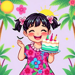 An adorable retro pixel art representation of a young Asian girl joyfully holding a colorful cake