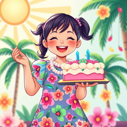 An adorable retro pixel art representation of a young Asian girl joyfully holding a colorful cake