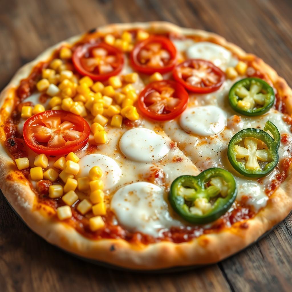 A delicious pizza topped with sweet corn, juicy red tomatoes, and fresh green capsicum, generously covered in melted mozzarella cheese
