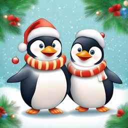 Two endearing penguins celebrating Christmas, with vibrant holiday decorations around and joyful expressions.