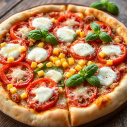 A mouthwatering pizza featuring sweet corn, juicy tomatoes, and fresh green capsicum, all topped with a generous layer of melted mozzarella cheese