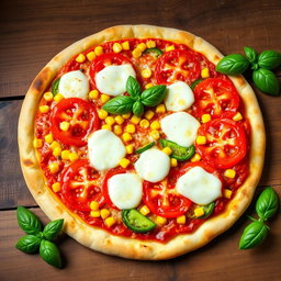 A mouthwatering pizza featuring sweet corn, juicy tomatoes, and fresh green capsicum, all topped with a generous layer of melted mozzarella cheese