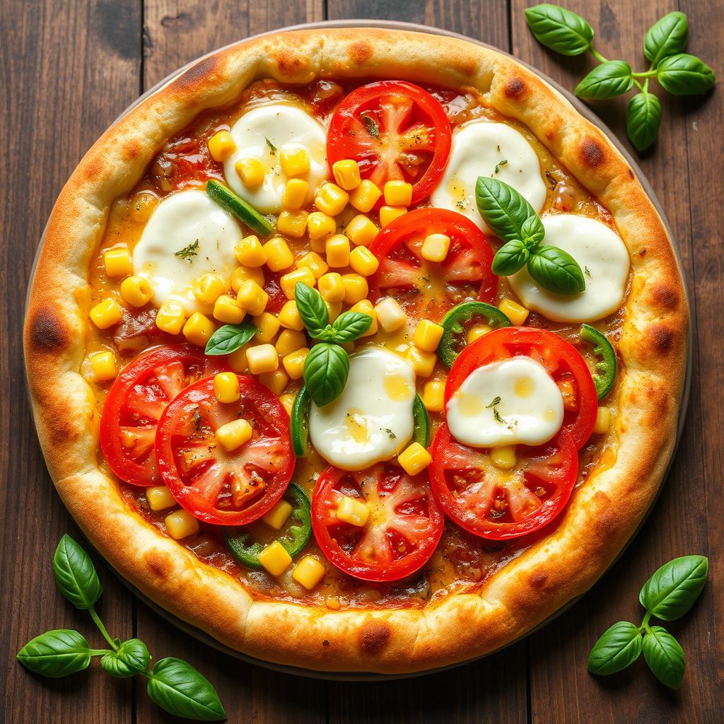 A mouthwatering pizza featuring sweet corn, juicy tomatoes, and fresh green capsicum, all topped with a generous layer of melted mozzarella cheese