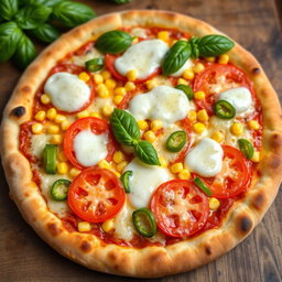 A mouthwatering pizza featuring sweet corn, juicy tomatoes, and fresh green capsicum, all topped with a generous layer of melted mozzarella cheese