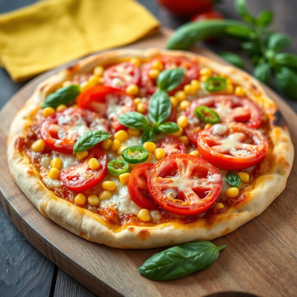 A vibrant pizza featuring sweet corn, juicy red tomatoes, and fresh green capsicum, all topped with a generous layer of melted mozzarella cheese