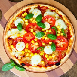 A vibrant pizza featuring sweet corn, juicy red tomatoes, and fresh green capsicum, all topped with a generous layer of melted mozzarella cheese