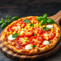 A vibrant pizza featuring sweet corn, juicy red tomatoes, and fresh green capsicum, all topped with a generous layer of melted mozzarella cheese