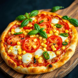 A vibrant pizza featuring sweet corn, juicy red tomatoes, and fresh green capsicum, all topped with a generous layer of melted mozzarella cheese