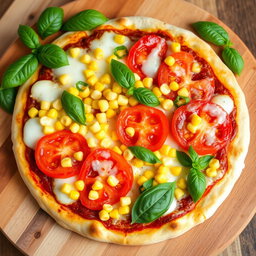 A vibrant and appetizing pizza topped with sweet corn, juicy red tomatoes, and fresh green capsicum, all generously covered in a layer of melted mozzarella cheese