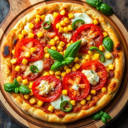 A vibrant and appetizing pizza topped with sweet corn, juicy red tomatoes, and fresh green capsicum, all generously covered in a layer of melted mozzarella cheese