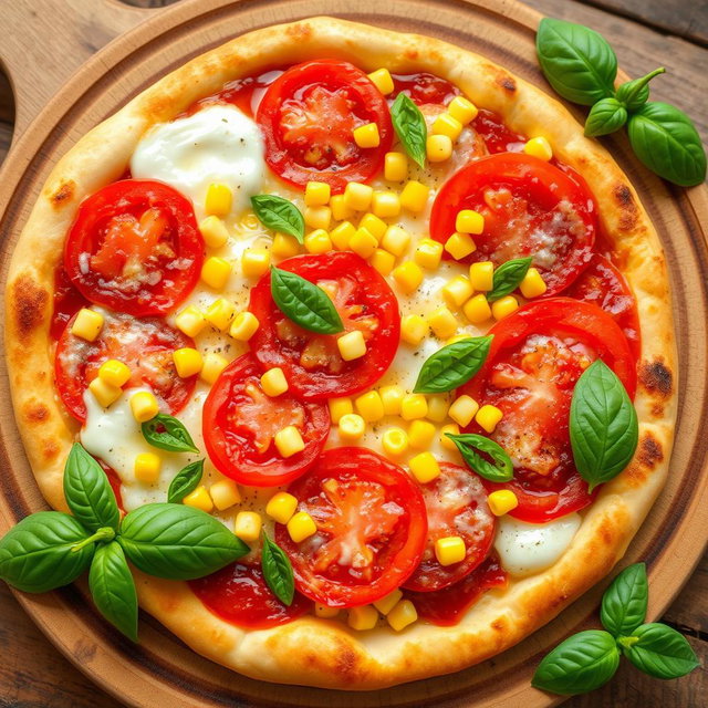 A vibrant and appetizing pizza topped with sweet corn, juicy red tomatoes, and fresh green capsicum, all generously covered in a layer of melted mozzarella cheese