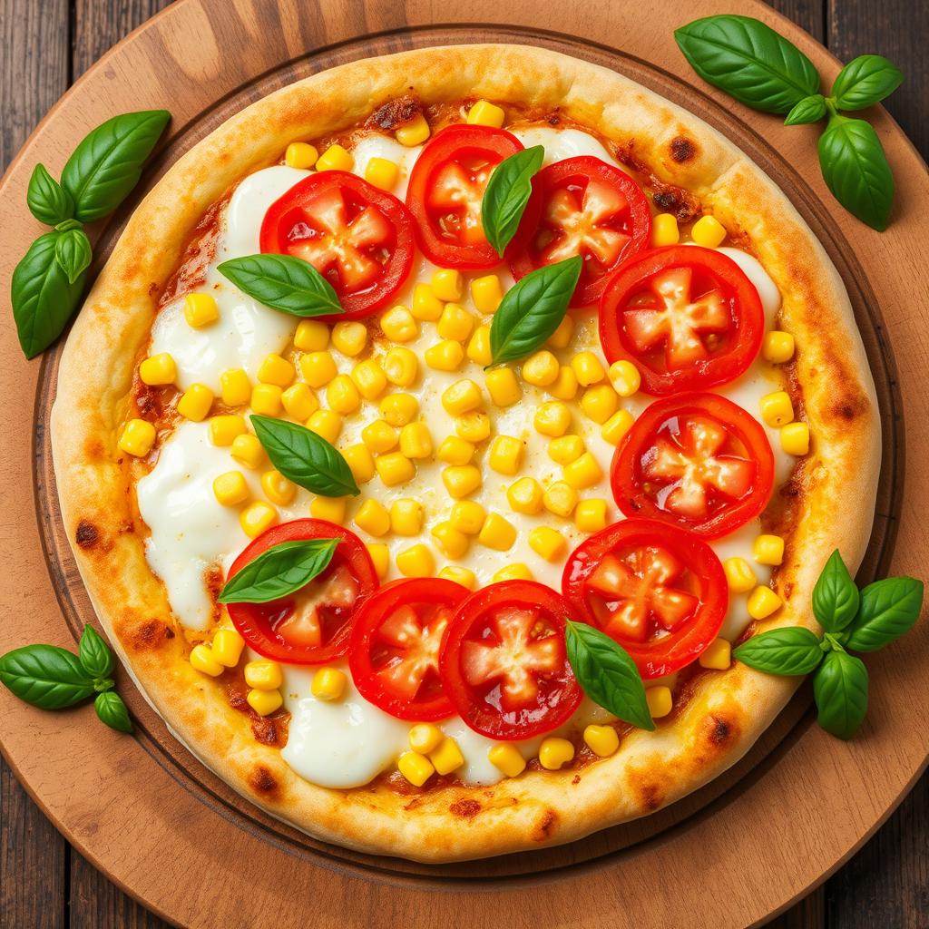A vibrant and appetizing pizza topped with sweet corn, juicy red tomatoes, and fresh green capsicum, all generously covered in a layer of melted mozzarella cheese