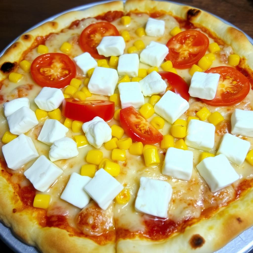 A delicious pizza featuring sweet corn and juicy tomatoes, generously topped with creamy paneer cubes