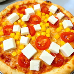 A delicious pizza featuring sweet corn and juicy tomatoes, generously topped with creamy paneer cubes