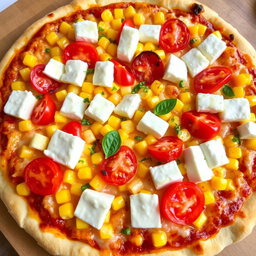 A delicious pizza featuring sweet corn and juicy tomatoes, generously topped with creamy paneer cubes