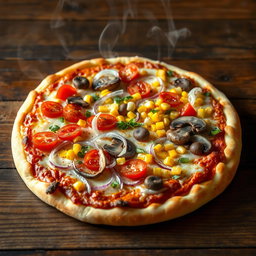 A delicious pizza topped with crunchy onions, juicy tomatoes, sweet corn, and tender mushrooms all placed on a generous layer of melting mozzarella cheese
