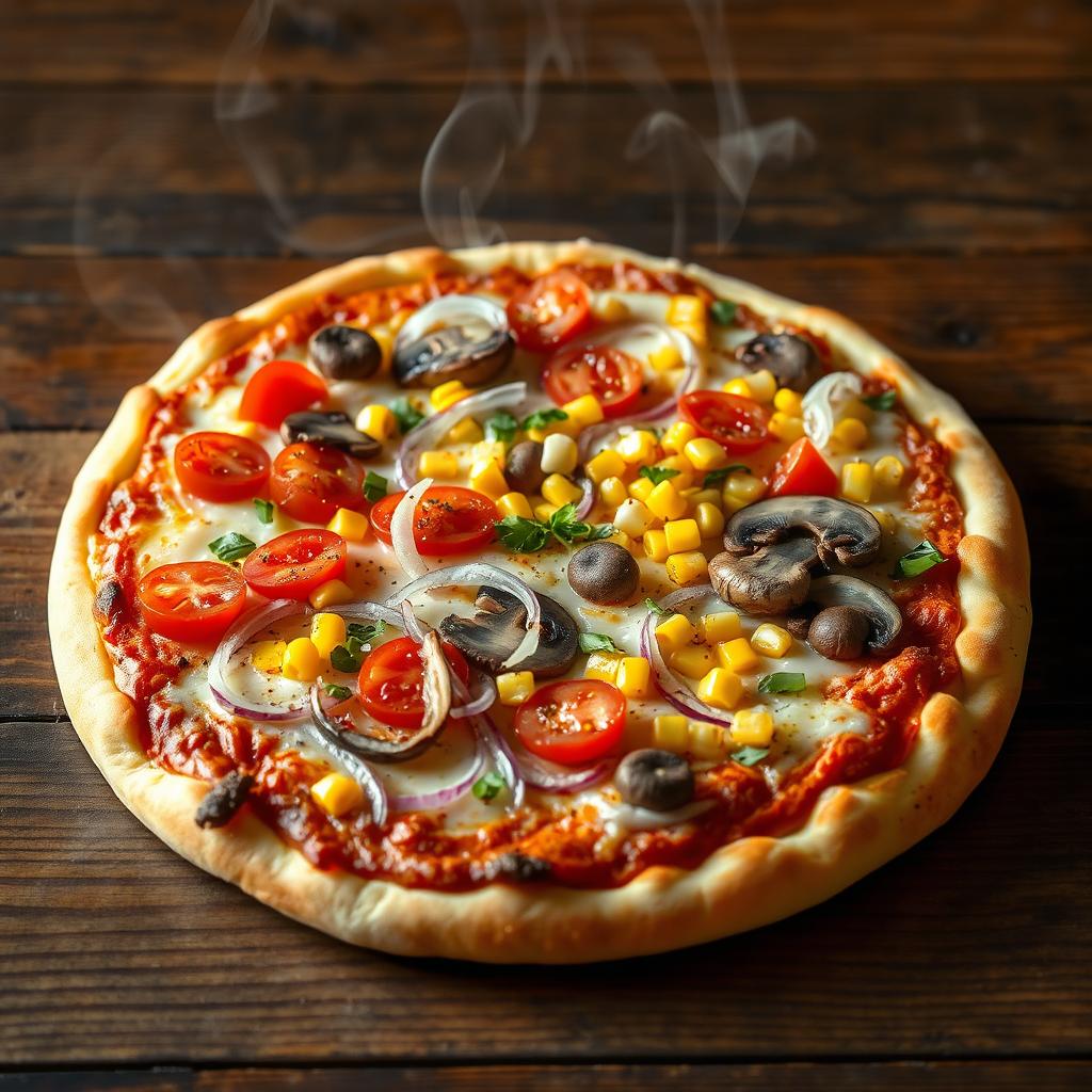 A delicious pizza topped with crunchy onions, juicy tomatoes, sweet corn, and tender mushrooms all placed on a generous layer of melting mozzarella cheese