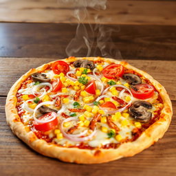 A delicious pizza topped with crunchy onions, juicy tomatoes, sweet corn, and tender mushrooms all placed on a generous layer of melting mozzarella cheese