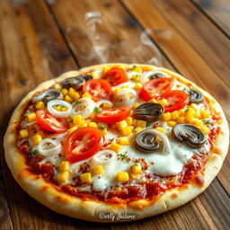 A delicious pizza topped with crunchy onions, juicy tomatoes, sweet corn, and tender mushrooms all placed on a generous layer of melting mozzarella cheese