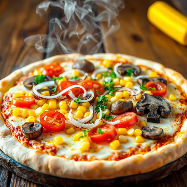 A delicious pizza topped with crunchy onions, juicy tomatoes, sweet corn, and tender mushrooms all placed on a generous layer of melting mozzarella cheese