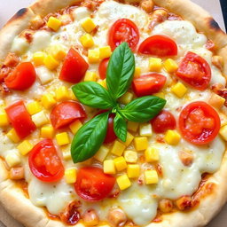 A mouthwatering pizza featuring sweet corn and juicy tomatoes, complemented by fresh green capsicum