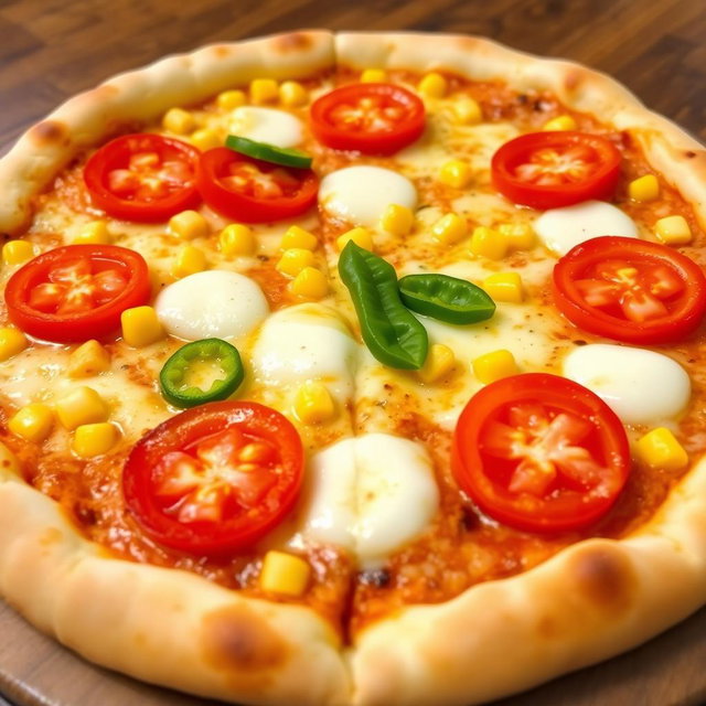 A mouthwatering pizza featuring sweet corn and juicy tomatoes, complemented by fresh green capsicum