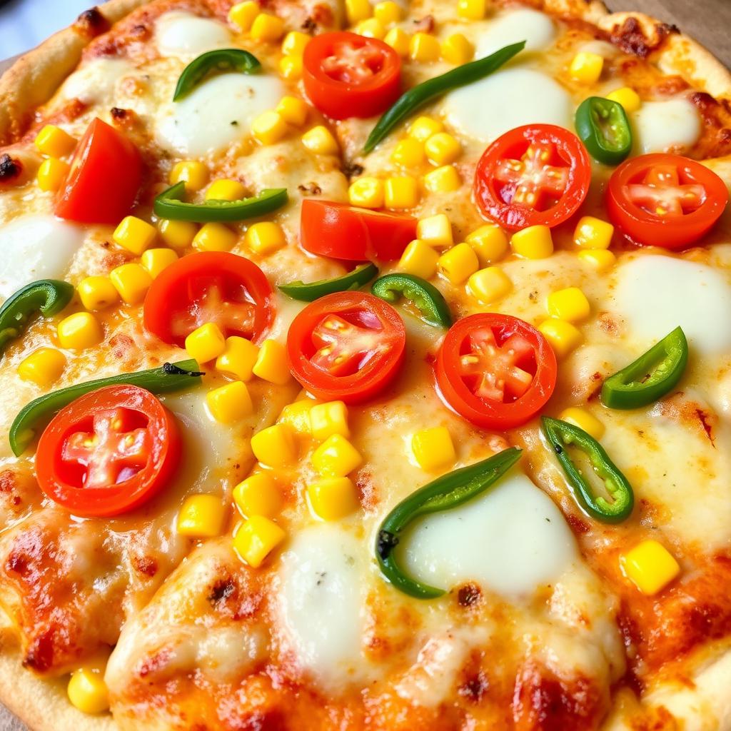 A mouthwatering pizza featuring sweet corn and juicy tomatoes, complemented by fresh green capsicum