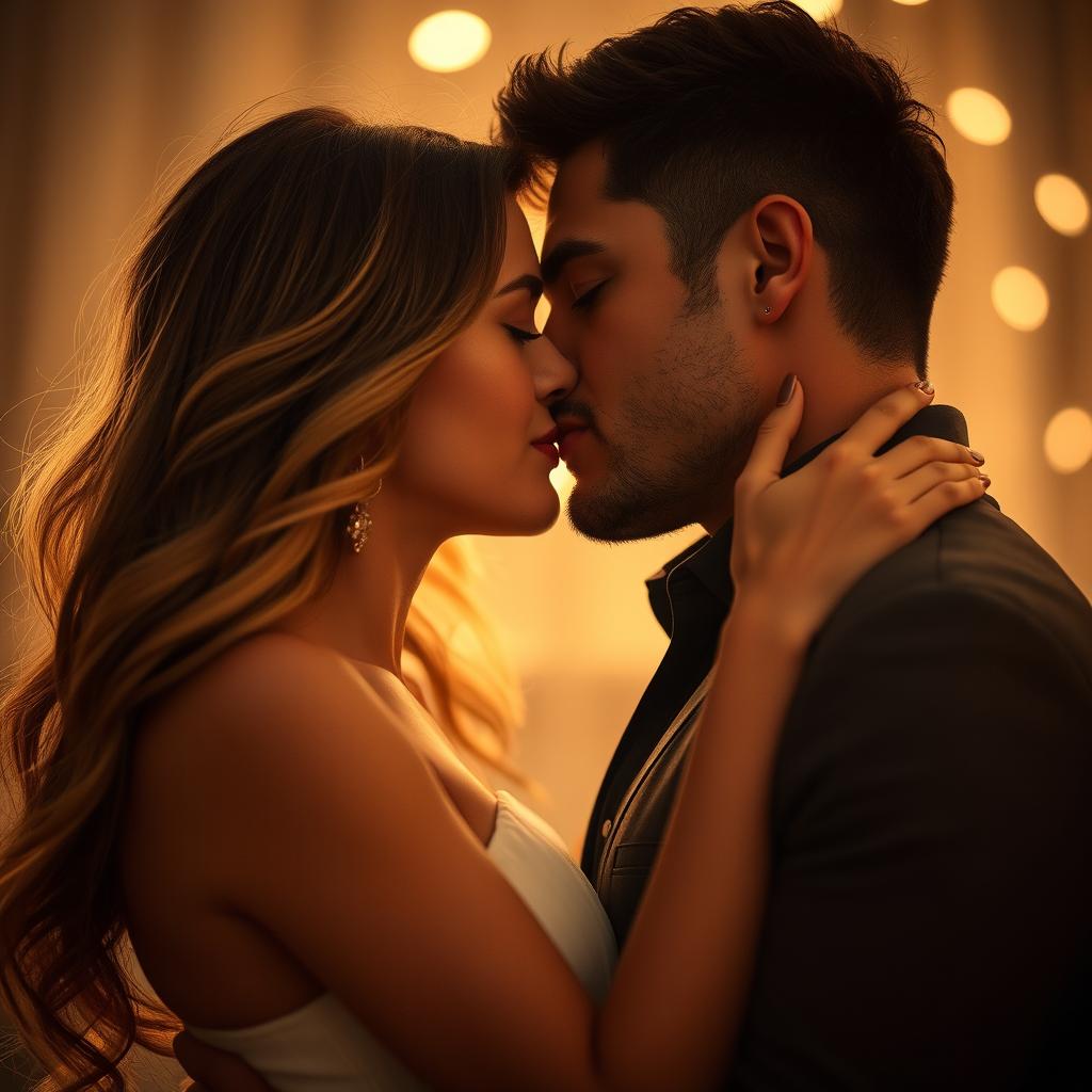 A passionate kiss between a couple, their faces close together, eyes closed, surrounded by an ethereal glow, depicting an intimate and romantic atmosphere