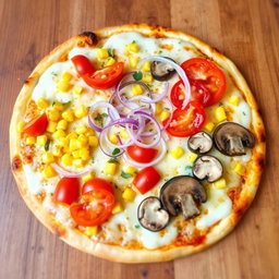 A delicious pizza topped with crunchy onions, juicy tomatoes, sweet corn, and tender mushrooms arranged beautifully on a bed of melted mozzarella cheese