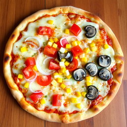 A delicious pizza topped with crunchy onions, juicy tomatoes, sweet corn, and tender mushrooms arranged beautifully on a bed of melted mozzarella cheese