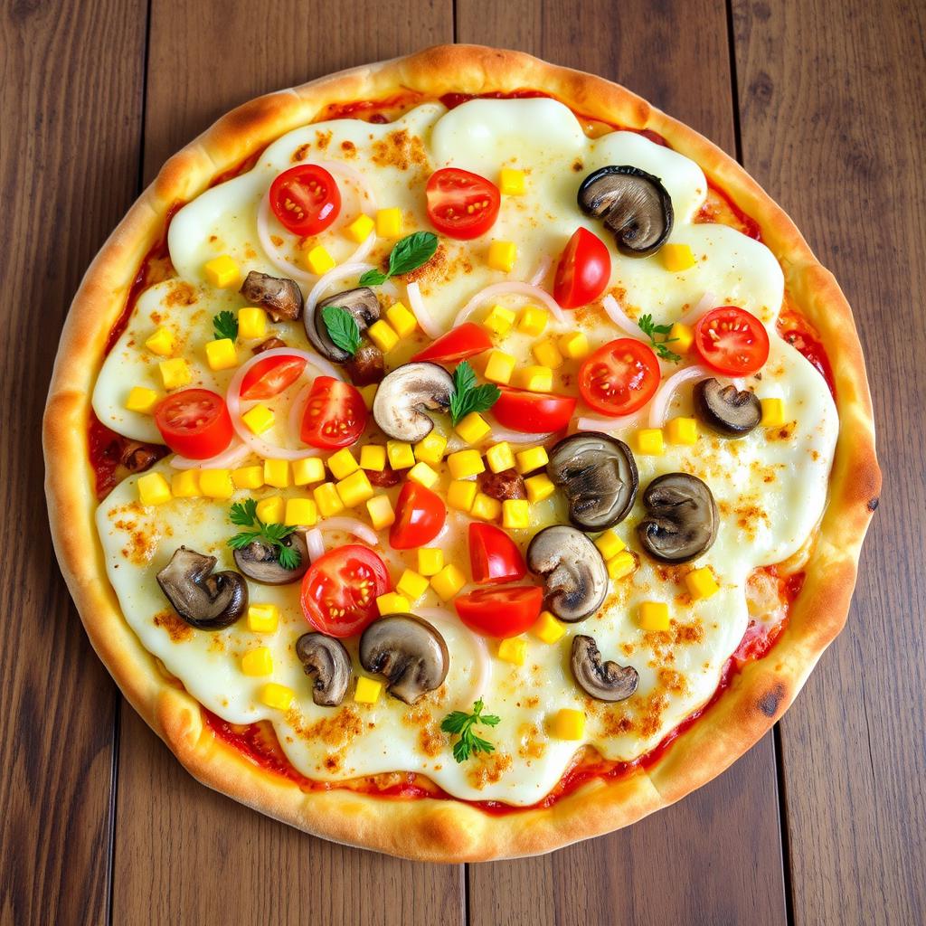 A delicious pizza topped with crunchy onions, juicy tomatoes, sweet corn, and tender mushrooms arranged beautifully on a bed of melted mozzarella cheese