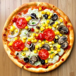 A delicious pizza topped with crunchy onions, juicy tomatoes, sweet corn, and tender mushrooms arranged beautifully on a bed of melted mozzarella cheese