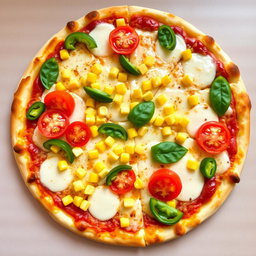 A delectable pizza topped with sweet corn and juicy tomatoes, paired with fresh green capsicum