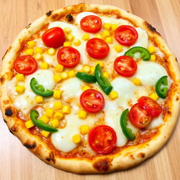 A delectable pizza topped with sweet corn and juicy tomatoes, paired with fresh green capsicum