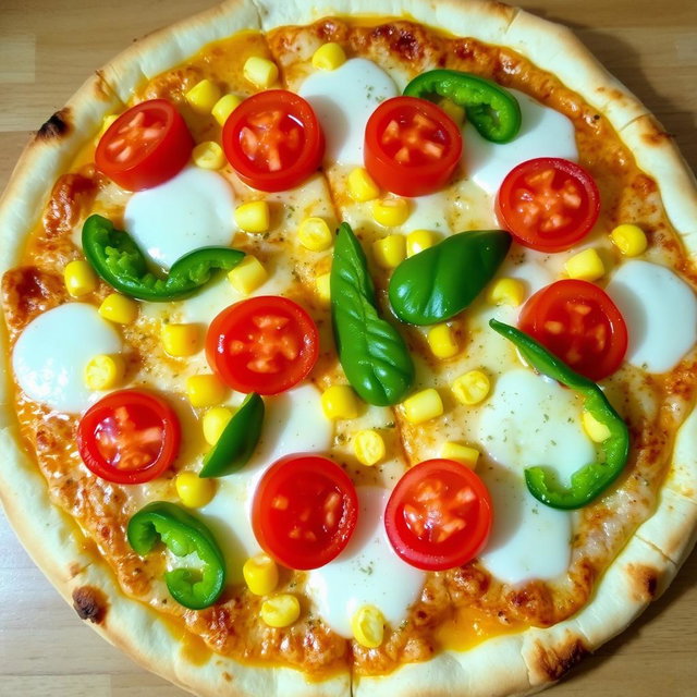 A delectable pizza topped with sweet corn and juicy tomatoes, paired with fresh green capsicum