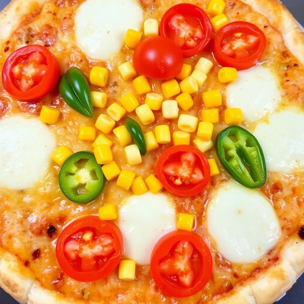 A delectable pizza topped with sweet corn and juicy tomatoes, paired with fresh green capsicum