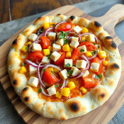 A delightful pizza topped with a vibrant mix of crispy onions, juicy tomatoes, and soft paneer cubes, complemented by the sweetness of fresh corn