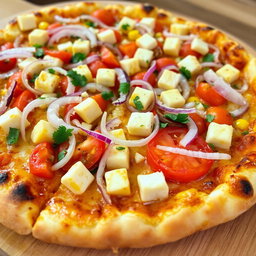 A delightful pizza topped with a vibrant mix of crispy onions, juicy tomatoes, and soft paneer cubes, complemented by the sweetness of fresh corn