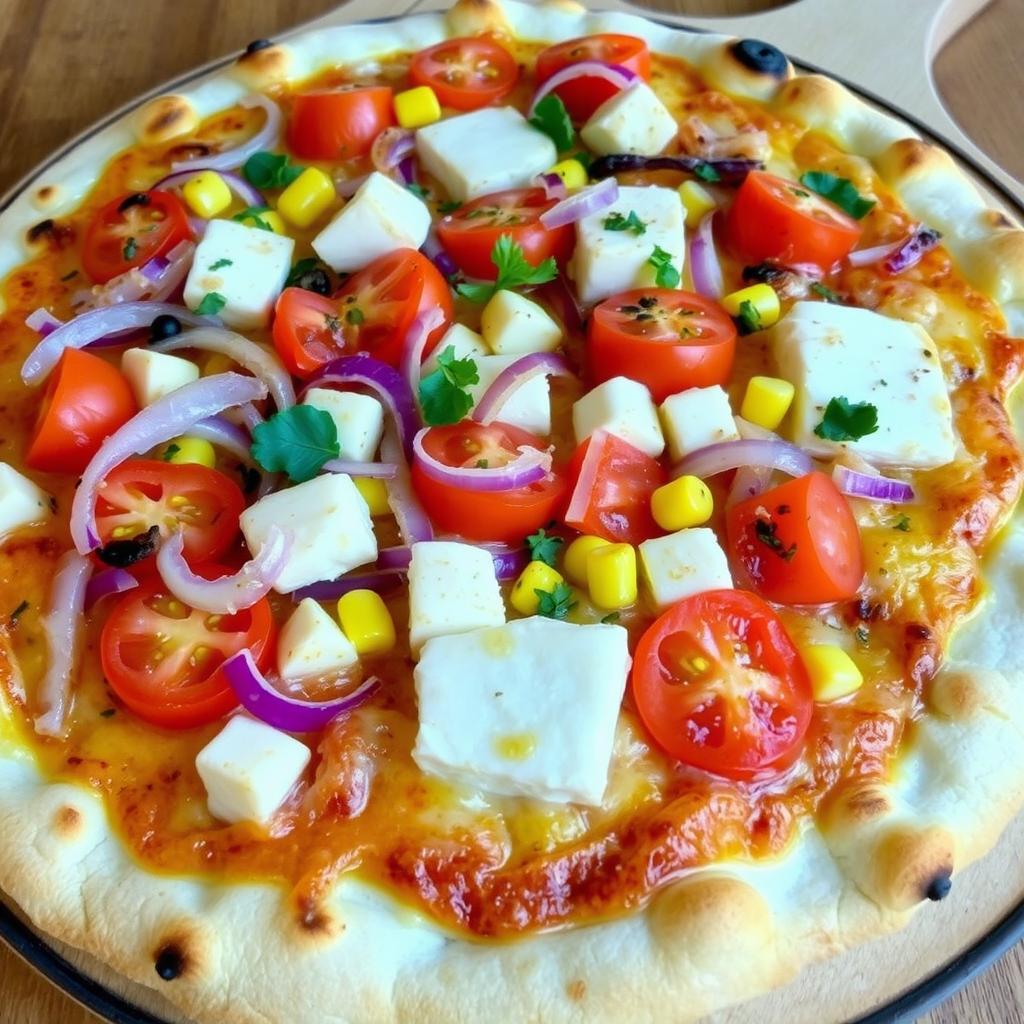 A delightful pizza topped with a vibrant mix of crispy onions, juicy tomatoes, and soft paneer cubes, complemented by the sweetness of fresh corn