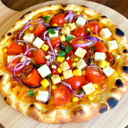 A delightful pizza topped with a vibrant mix of crispy onions, juicy tomatoes, and soft paneer cubes, complemented by the sweetness of fresh corn