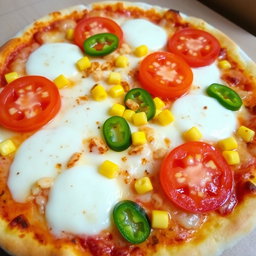 A scrumptious pizza topped with sweet corn and juicy tomatoes, perfectly complemented by fresh green capsicum